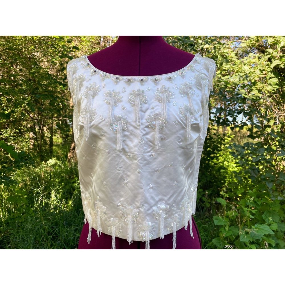 Vintage 1960s Satin Silk glass dangle Bead  Formal Top Tank Hong Kong